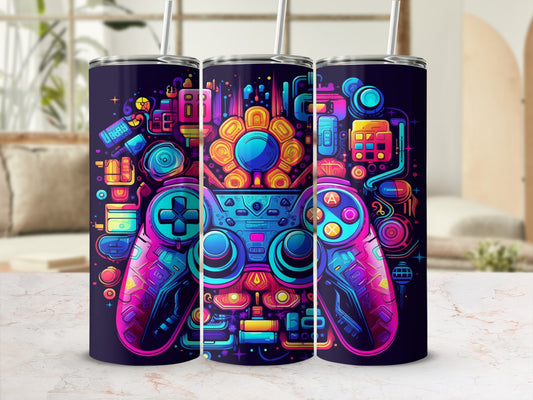 Triptych of tumblers featuring a colorful, abstract video game controller design.