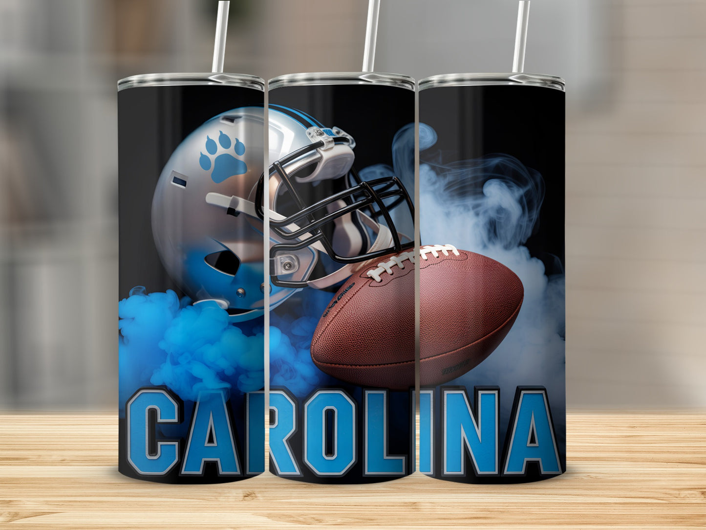 Carolina Panthers helmet and football surrounded by blue smoke.