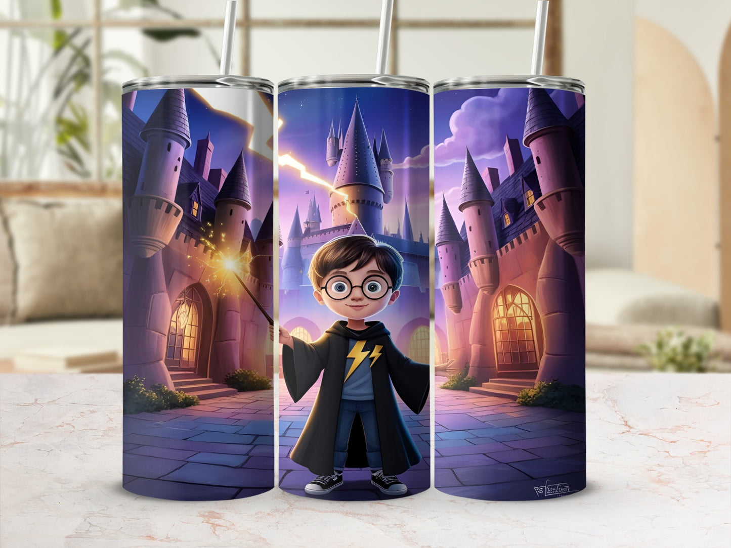 Harry Potter character in front of Hogwarts castle with magic wand casting a spell.
