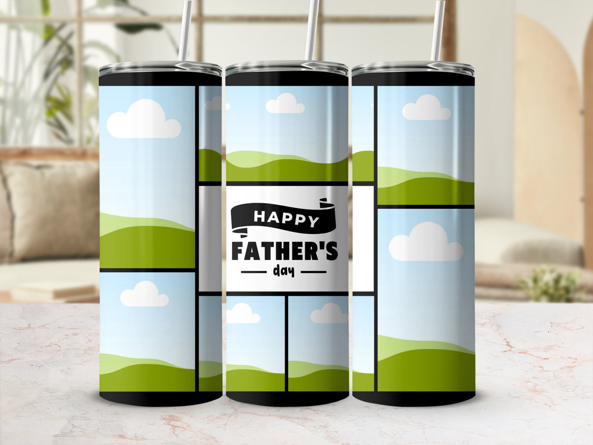 Tumbler with landscape panels and "Happy Father's Day" text.