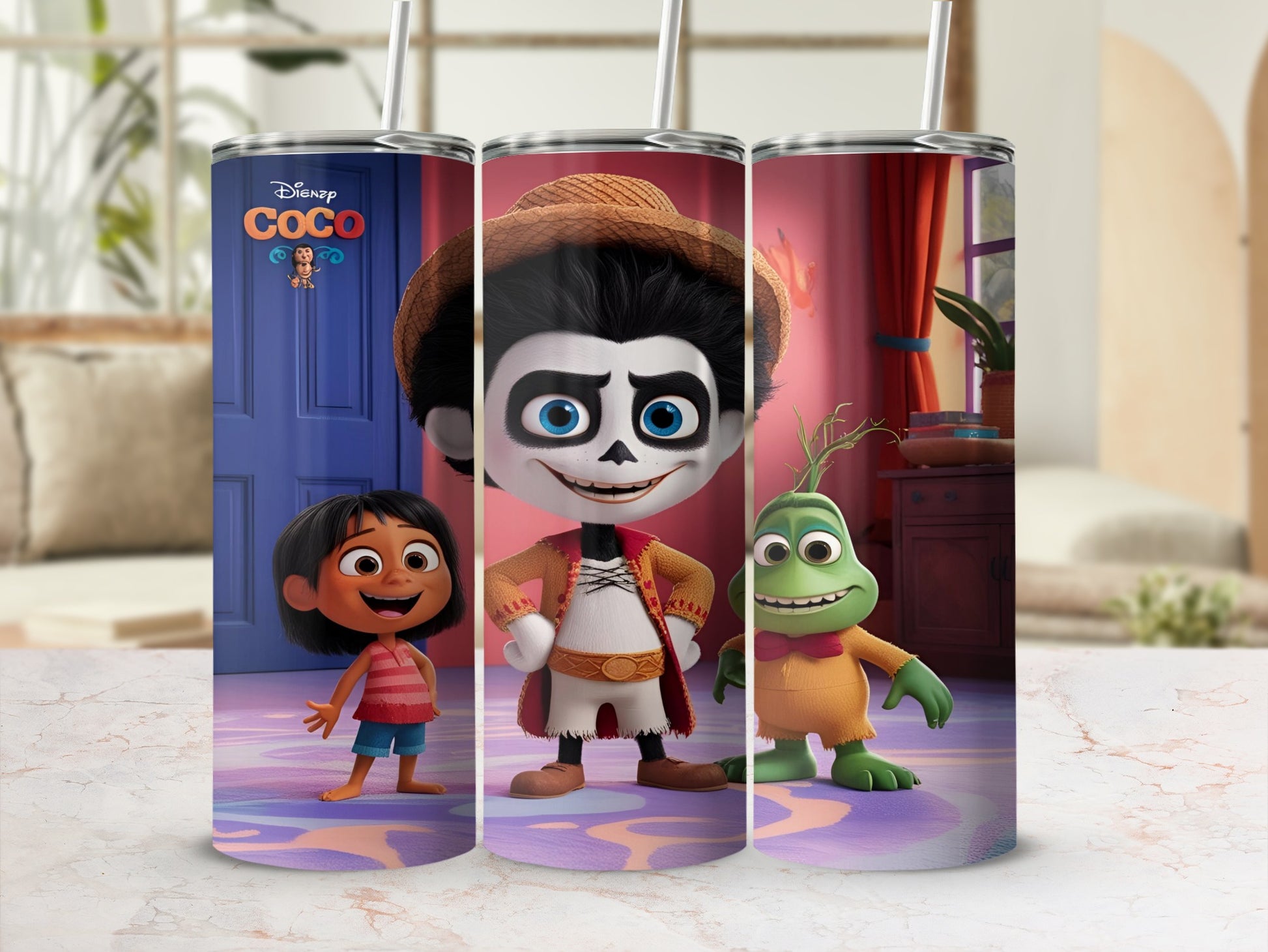 Coco characters Miguel, Hector, and Dante on a tumbler.