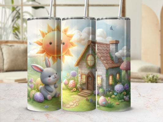 Easter bunny and house with sun, butterflies, and pastel eggs.