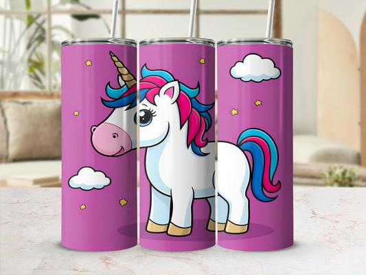 Pink tumbler with a cartoon unicorn and clouds on a white background.