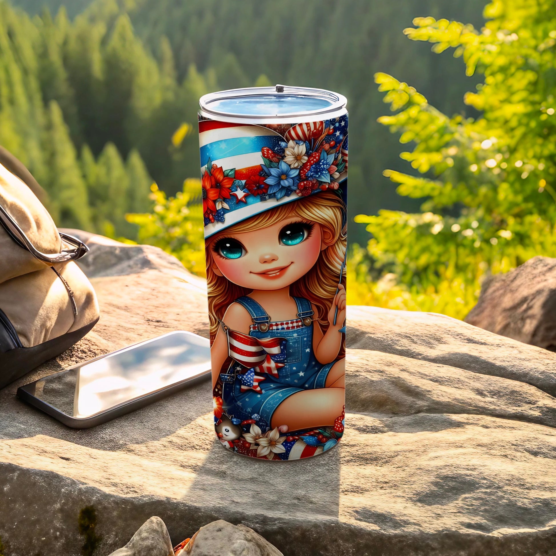 Red, white, and blue patriotic girl tumbler with floral and star patterns.