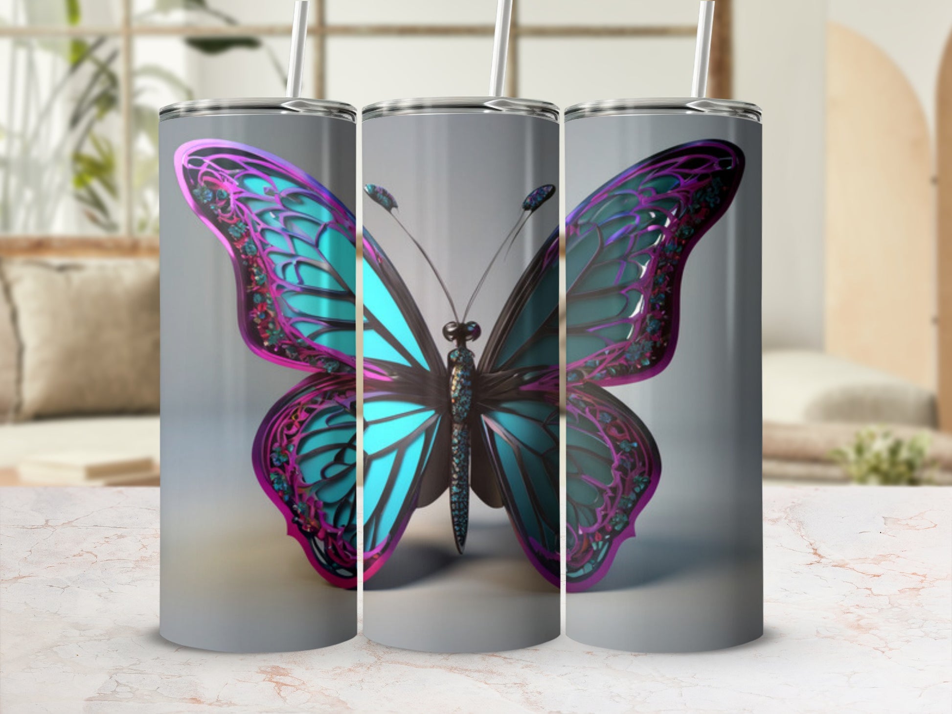 Tumbler with a teal and purple butterfly design.