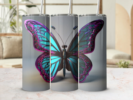 Tumbler with a teal and purple butterfly design.