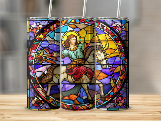 Stained glass design tumbler featuring Saint George and the dragon.