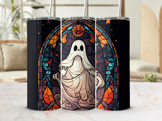 Ghost in stained glass pattern on black tumbler.