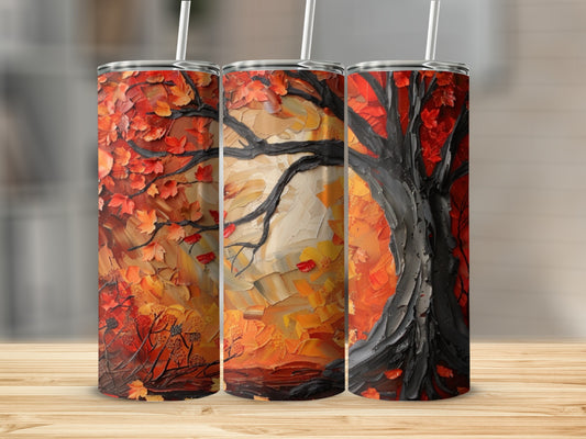 Three tumblers featuring a textured oil painting of a tree with red and orange autumn leaves.