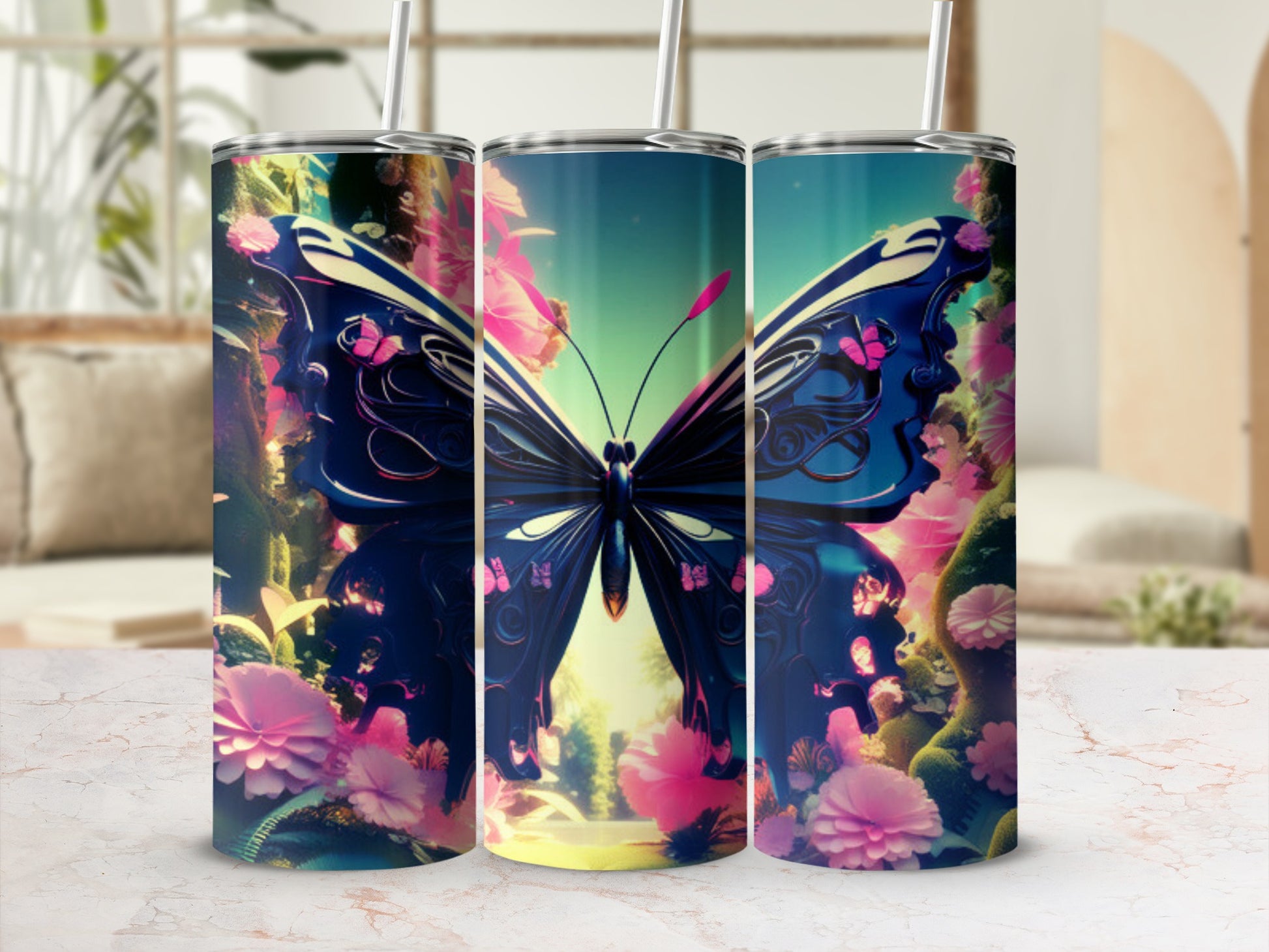 Dark blue butterfly with pink flowers, on a tumbler mockup.