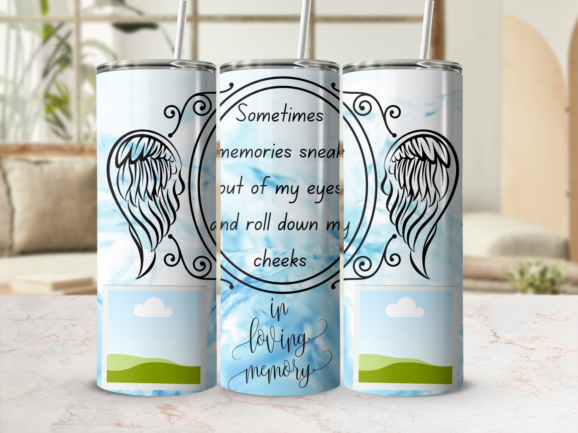 Tumbler with angel wings, text, and placeholder photo spots.