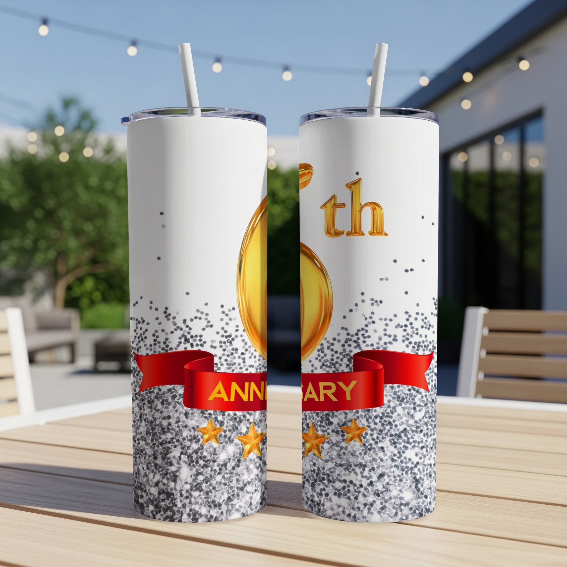 Anniversary tumbler with gold "6" and "Anniversary" text.