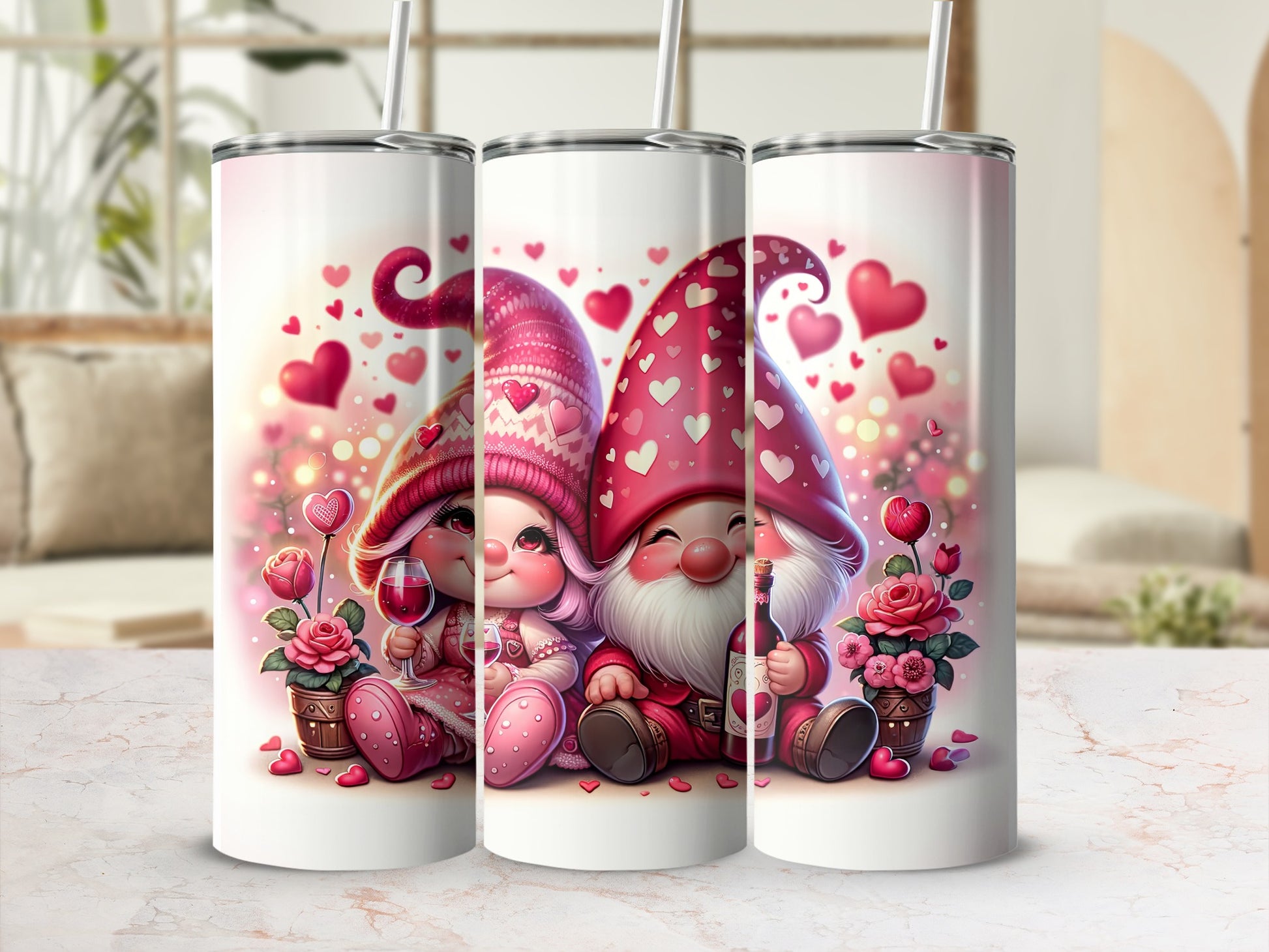 Two gnomes with hearts and flowers, holding a drink and wine bottle.