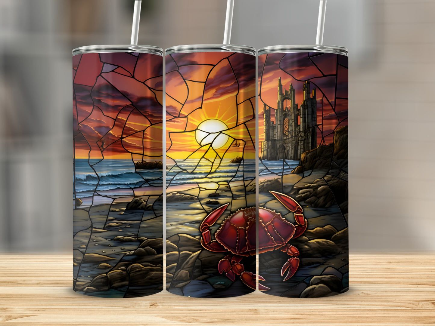 Crab against a stained-glass sunset with castle and ocean.