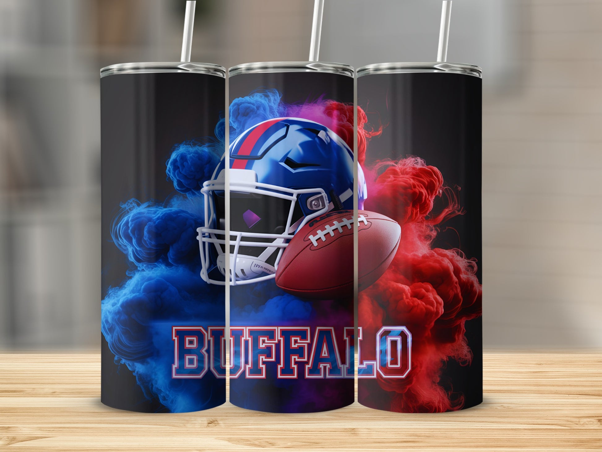 Buffalo Bills helmet and football surrounded by red and blue smoke.