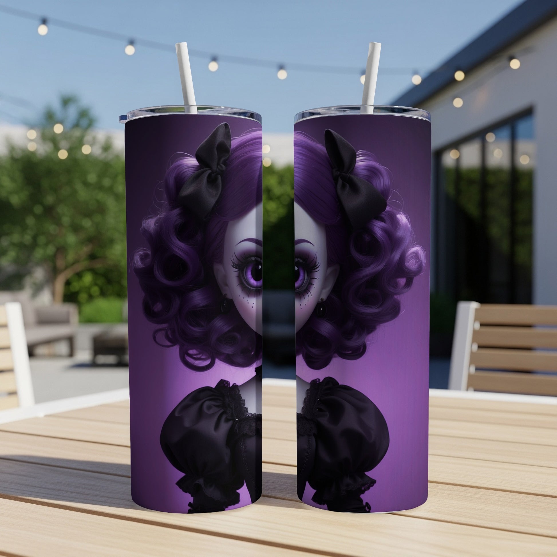 Purple tumbler with a gothic doll illustration and black bows.