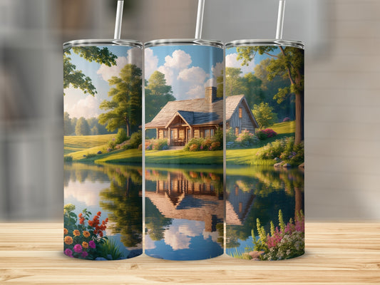 Rustic cabin by a lake with colorful flowers and reflections.