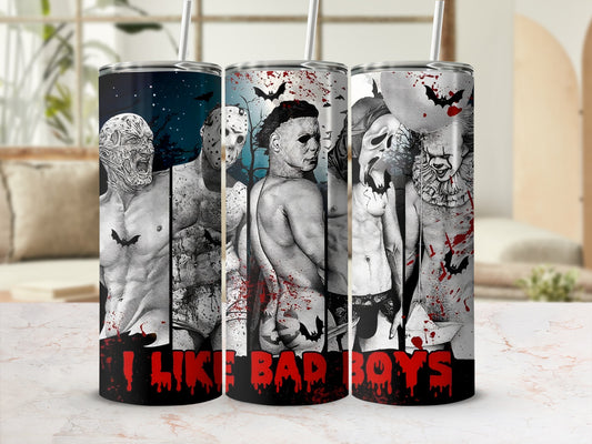 Tumbler with Freddy Krueger, Jason Voorhees, Michael Myers, Ghostface, and Pennywise characters.