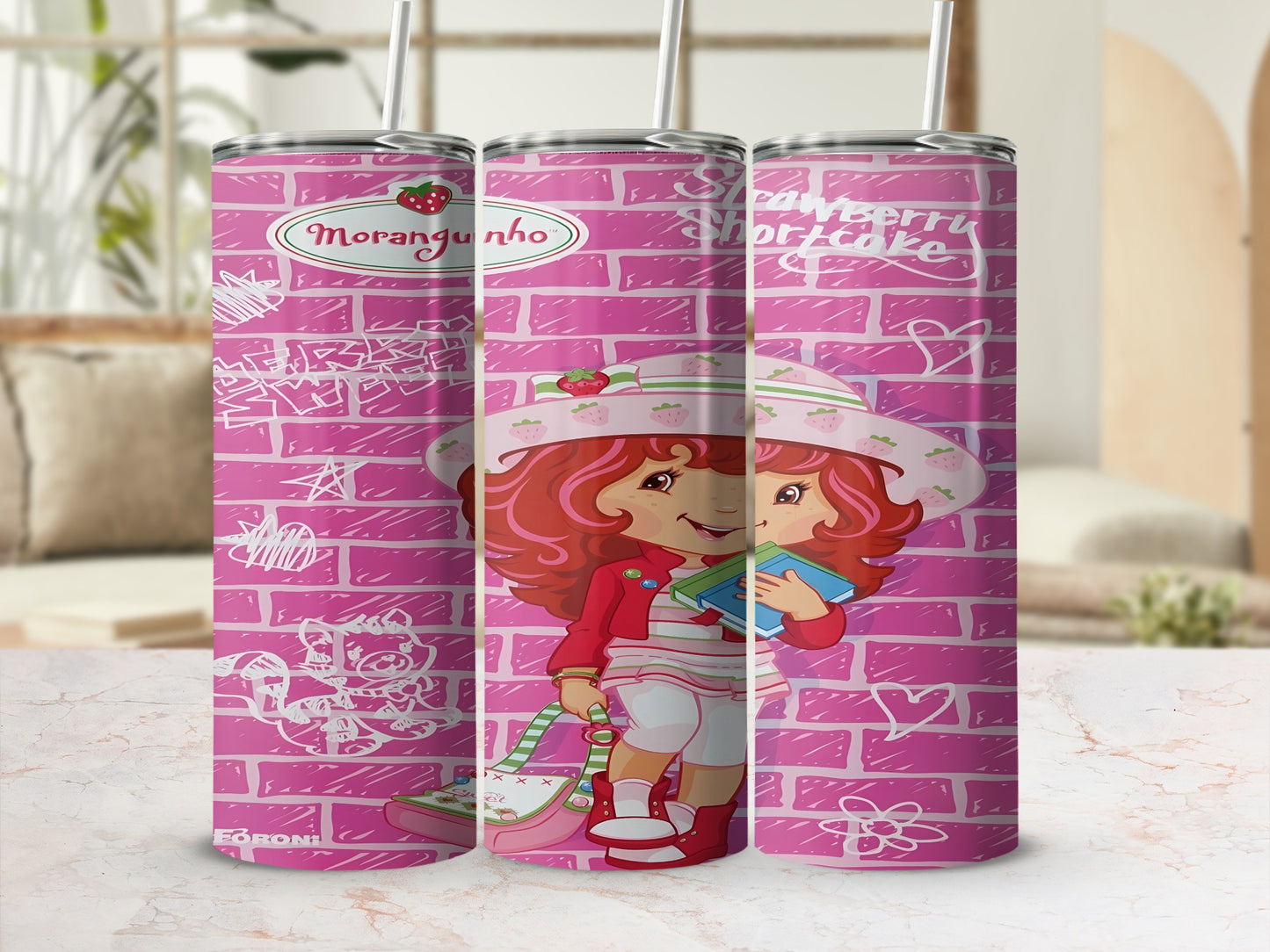 Strawberry Shortcake character and friends on a pink brick background.