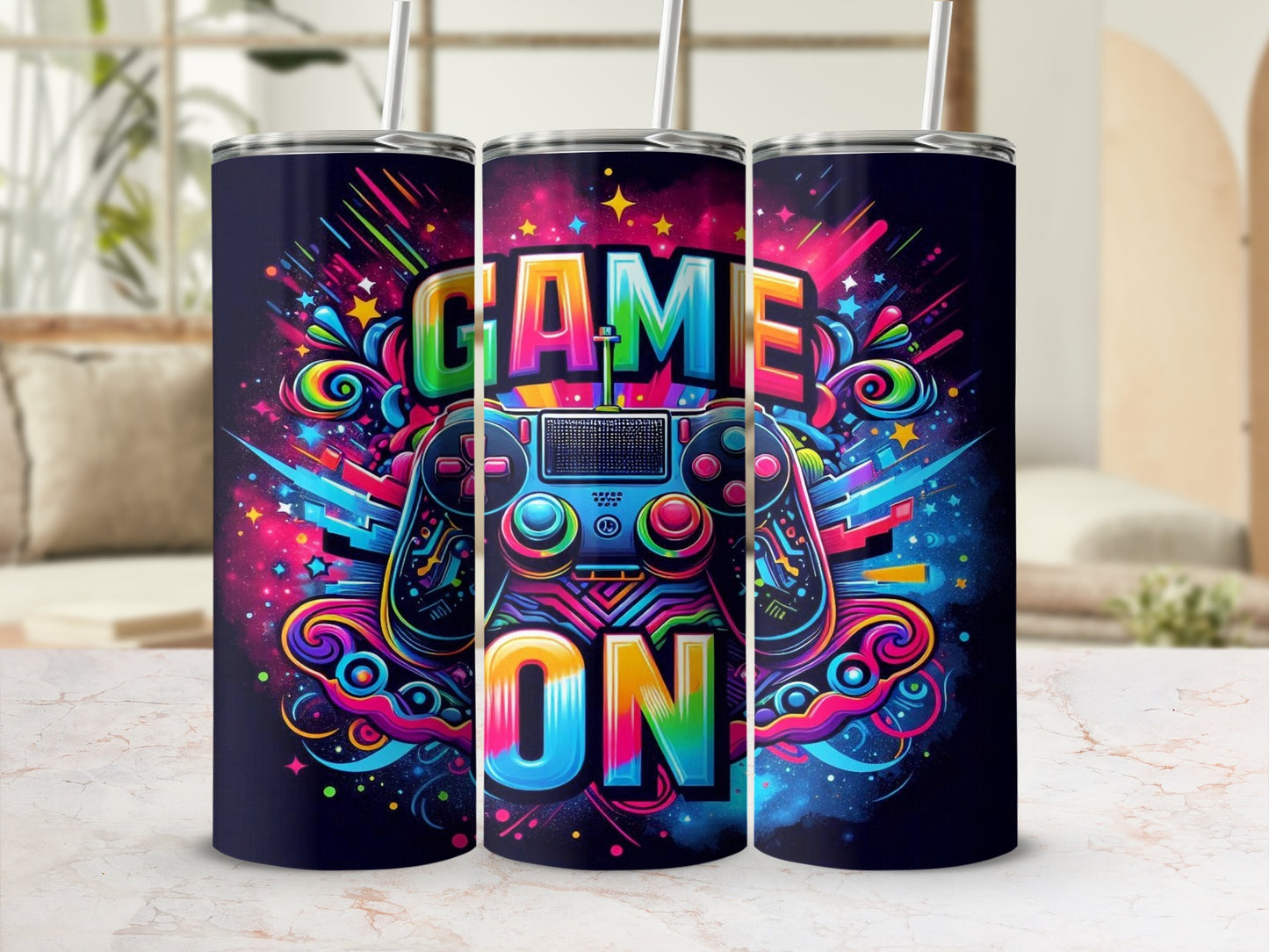 Dark tumbler with colorful "GAME ON" text and video game controller design.
