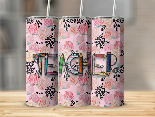 Teacher tumbler with floral and leopard print design.