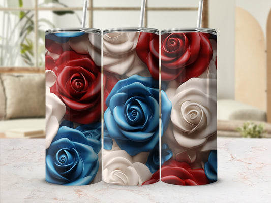 Three tall tumblers adorned with a patriotic rose pattern.