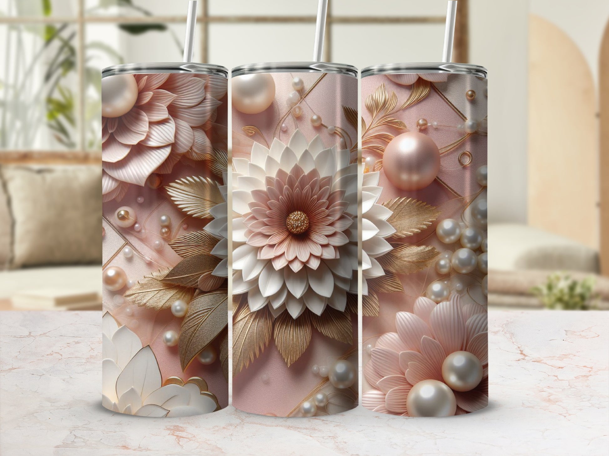 Pink floral tumbler with pearls and gold accents.