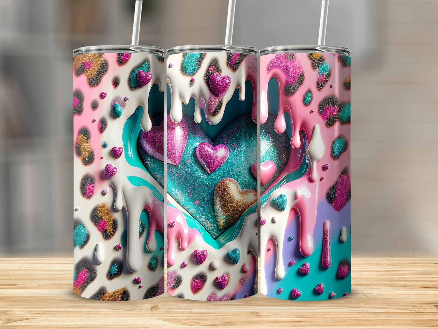 Glitter Hearts Leopard Print Love Valentine's Day! Leopard Pattern with Dripping Paint and Hearts Tumblers
