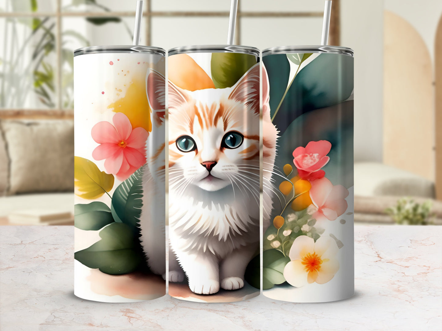 White and orange tabby cat with blue eyes surrounded by flowers and leaves.