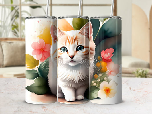 White and orange tabby cat with blue eyes surrounded by flowers and leaves.