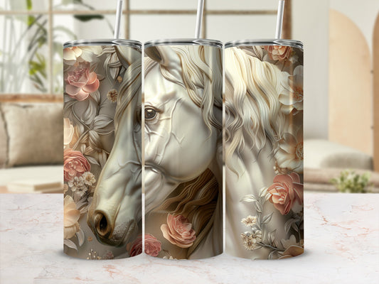 White horse head profile with floral accents on a textured tumbler.