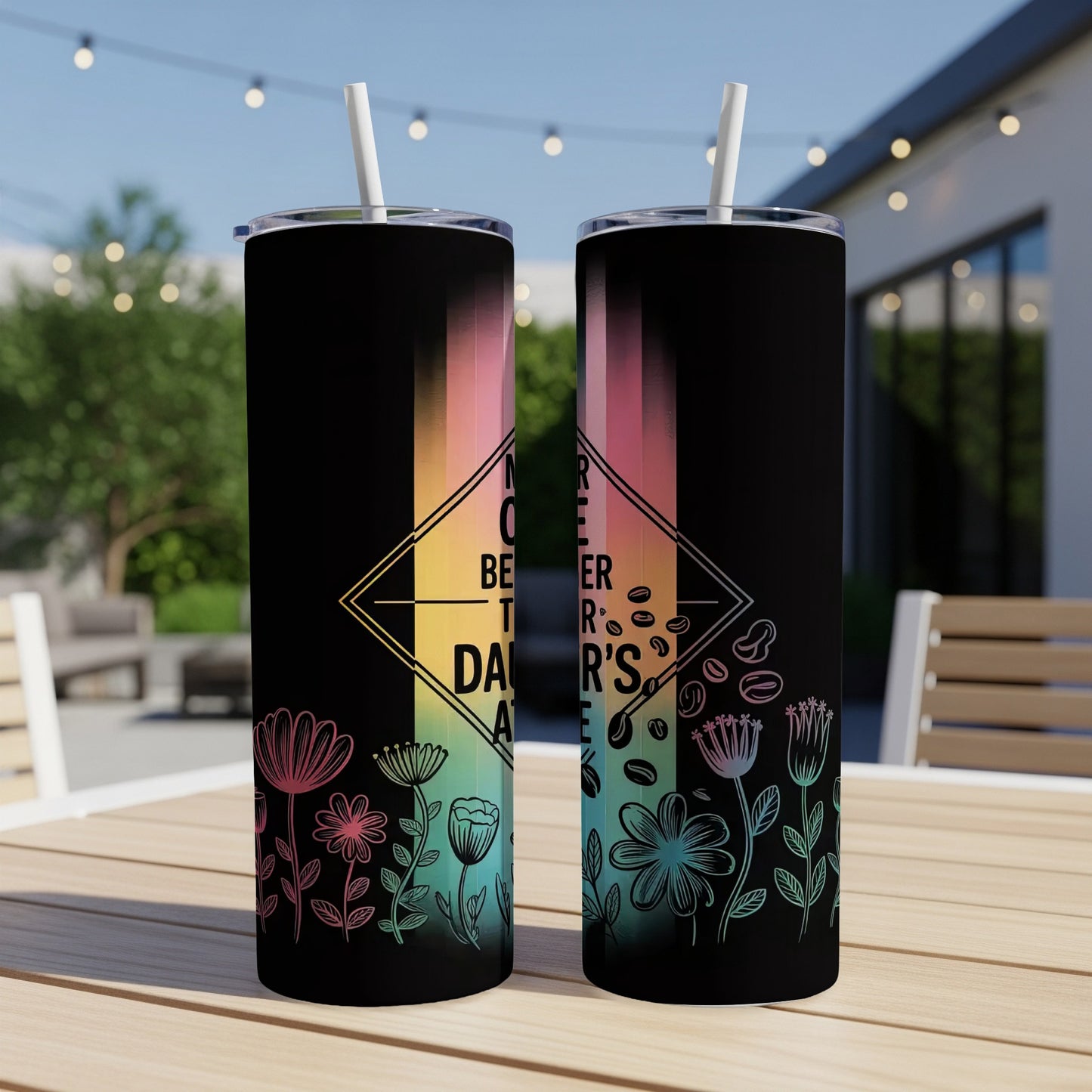 Black tumbler with colorful floral designs and text "Never Better Dad's Coffee".