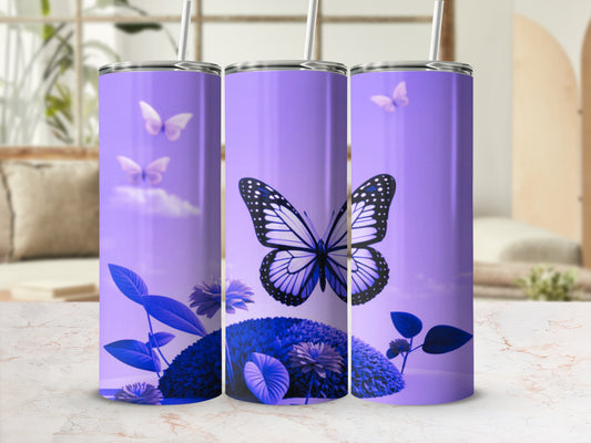 Purple tumbler with butterfly and floral design.
