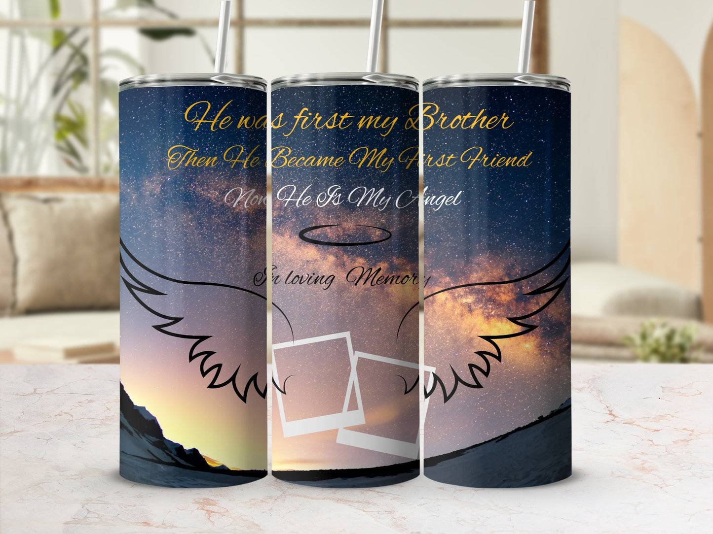 Tumblers with a starry sky, wings, and memorial text for a brother.