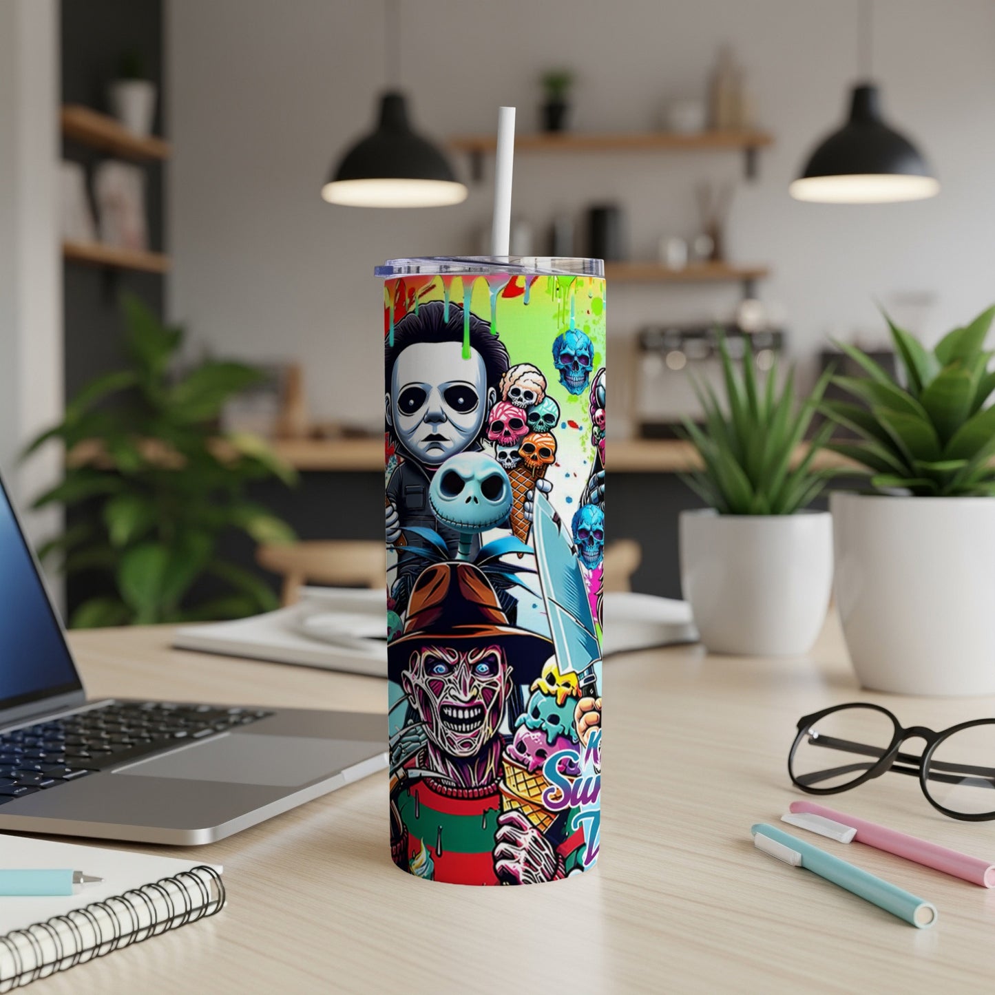 Horror movie characters on a colorful, skinny tumbler with ice cream cones.