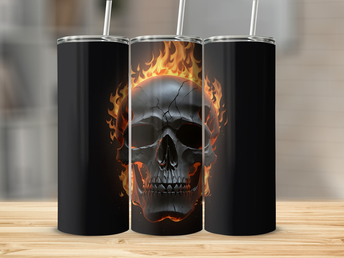 Black tumbler with a flaming skull design.