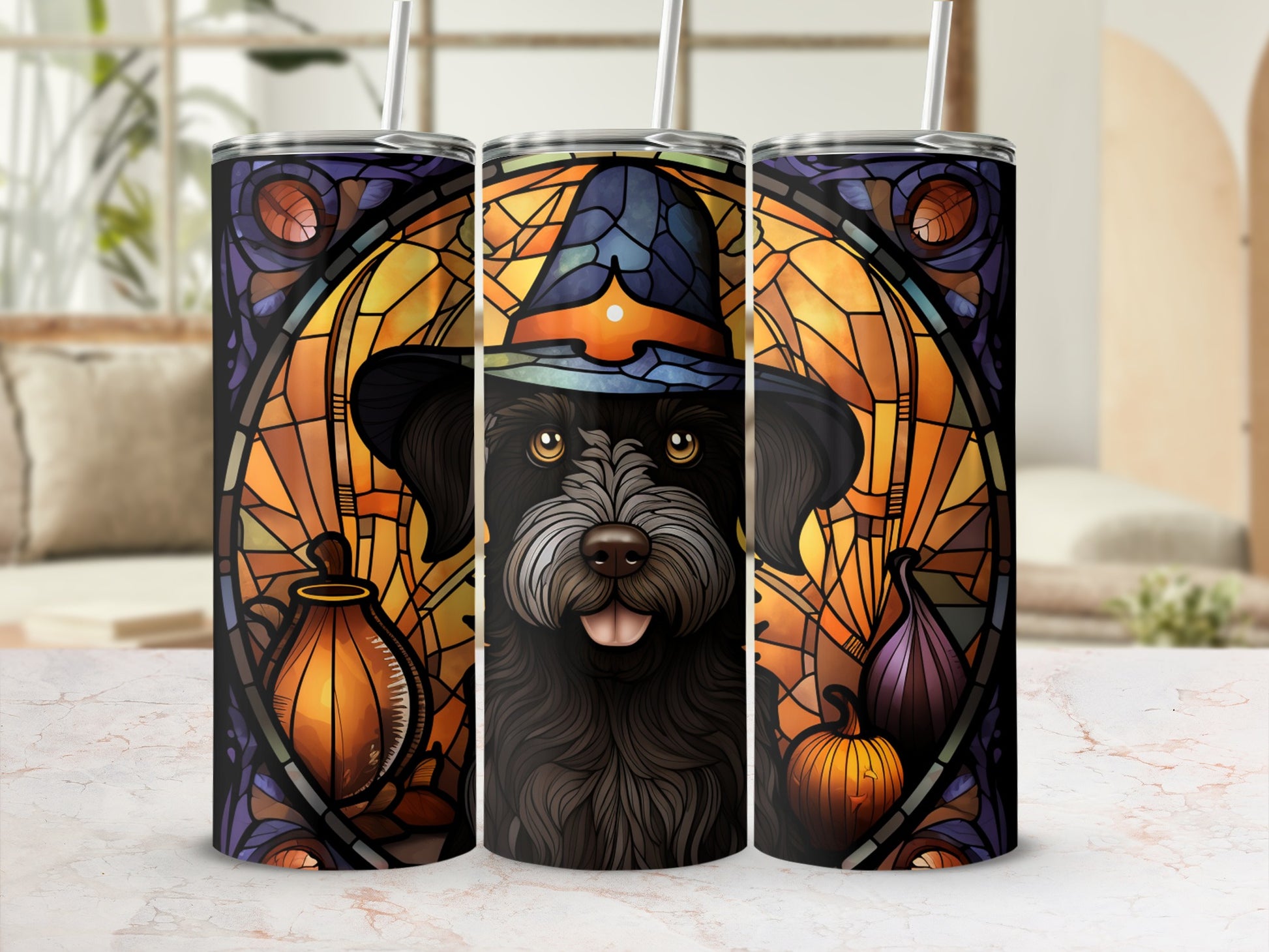 Dark-haired dog in witch hat on stained glass background with pumpkins.