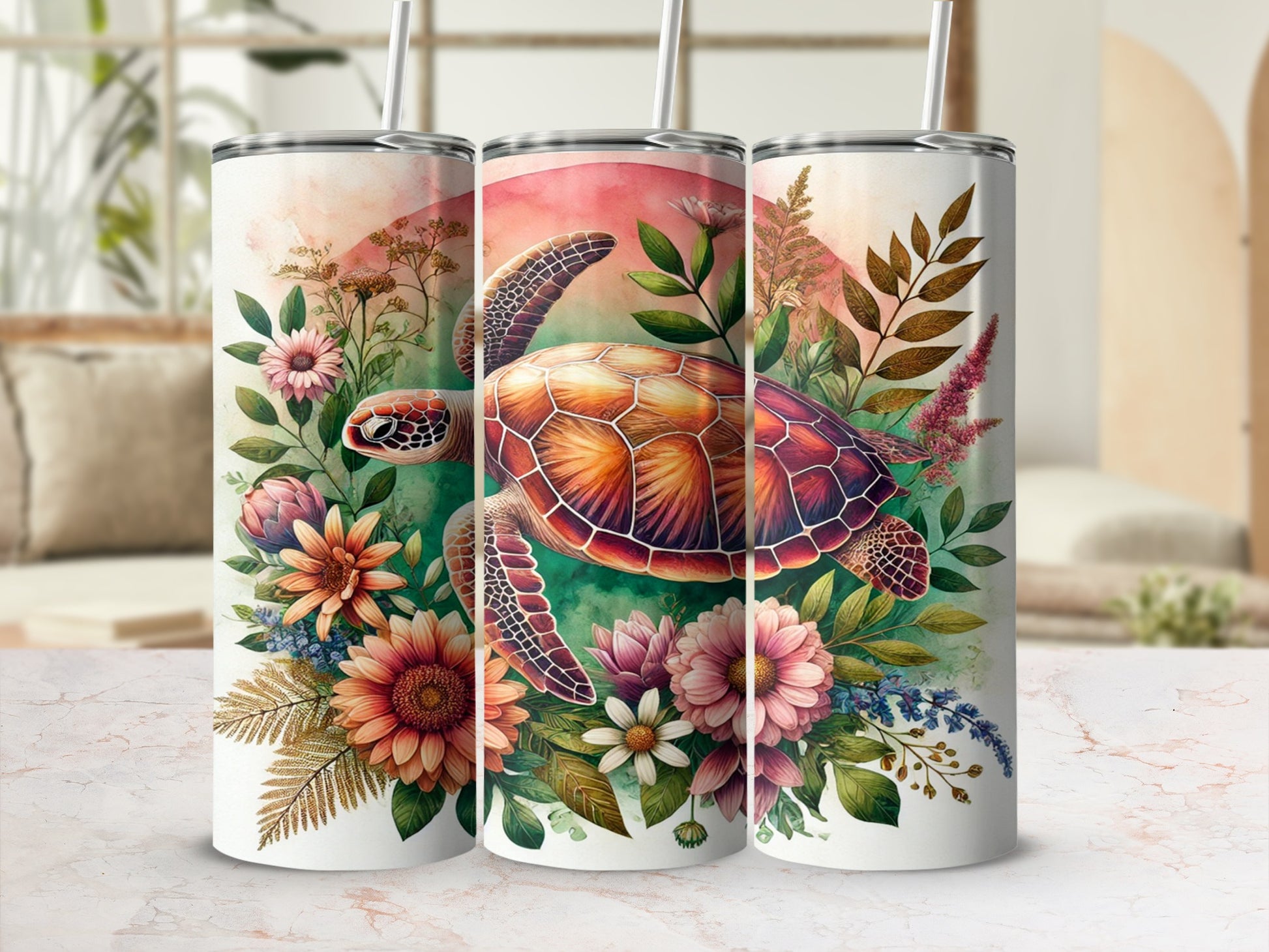 Tropical Flower Turtle Design Stainless Steel Tumbler