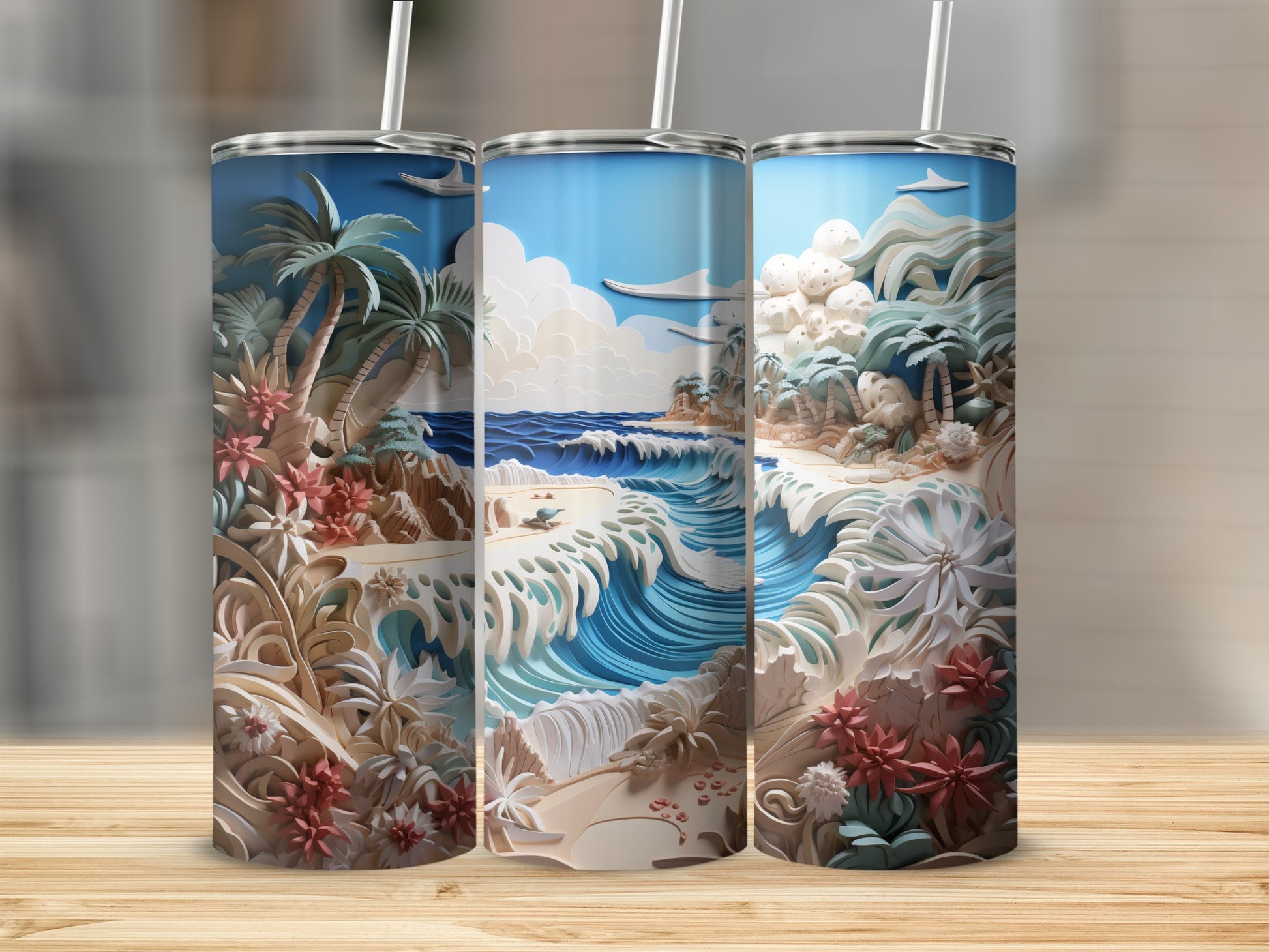 Three beach-themed tumblers with waves, palm trees, and tropical flowers.