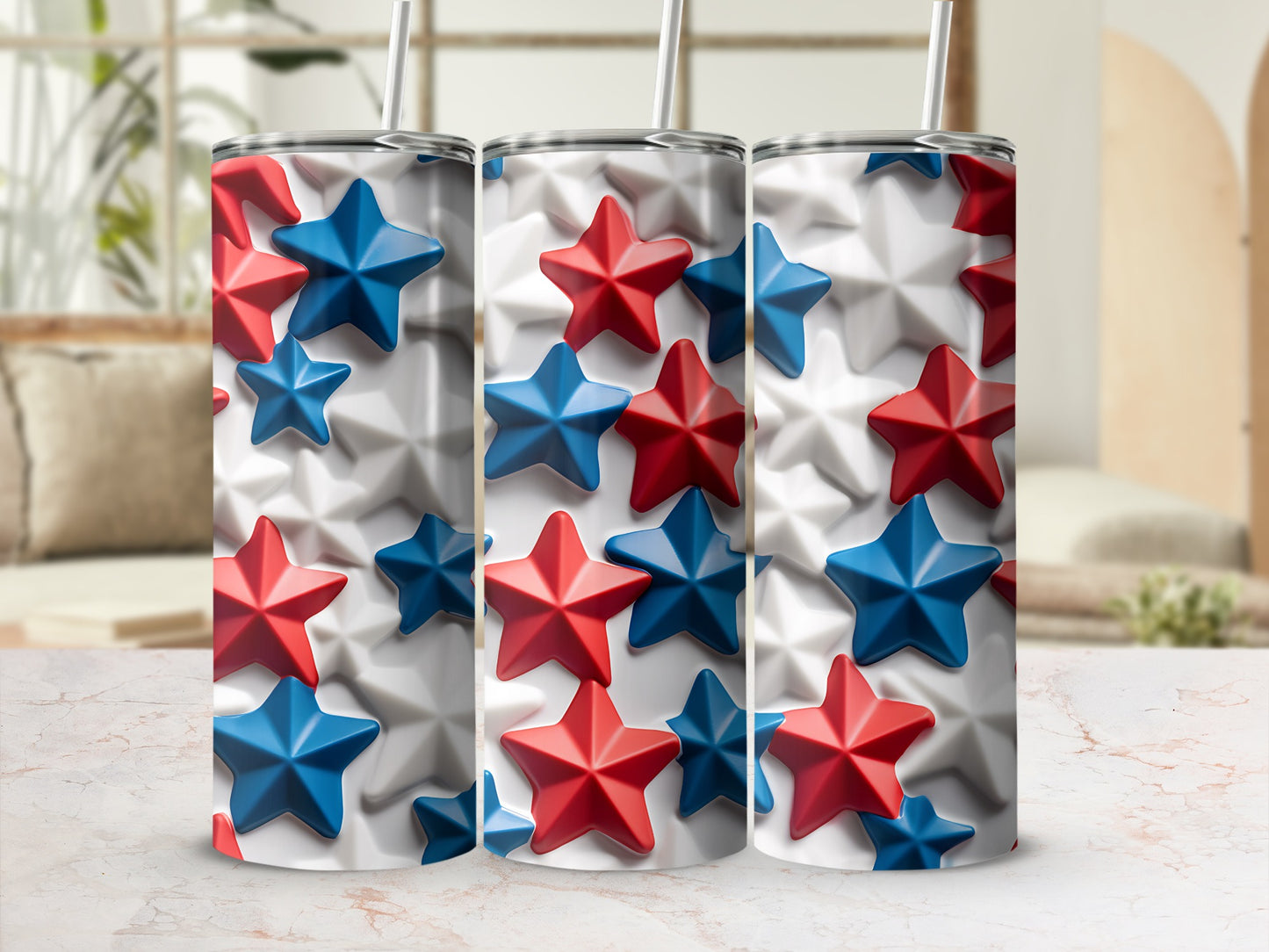 Three tumblers with red and blue stars and white star patterns.