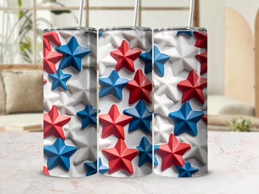 Three tumblers with red and blue stars and white star patterns.