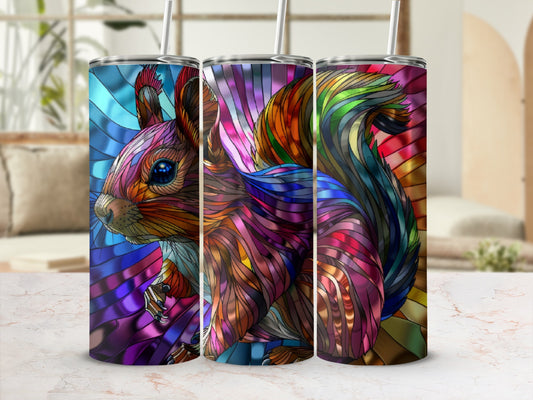 Colorful stained glass squirrel design on three tumblers.