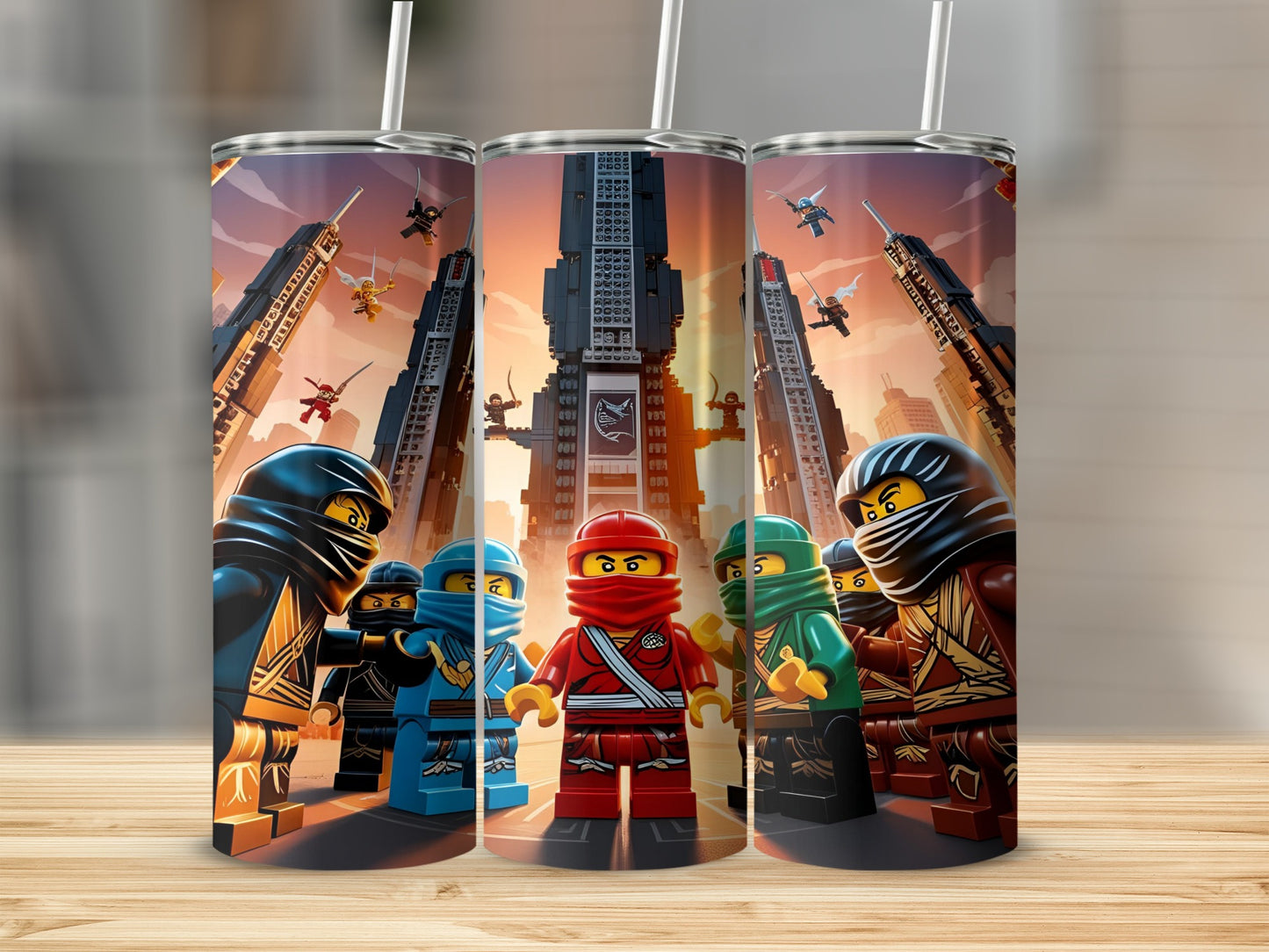 Ninjago characters in a city skyline, standing in front of a tall building.