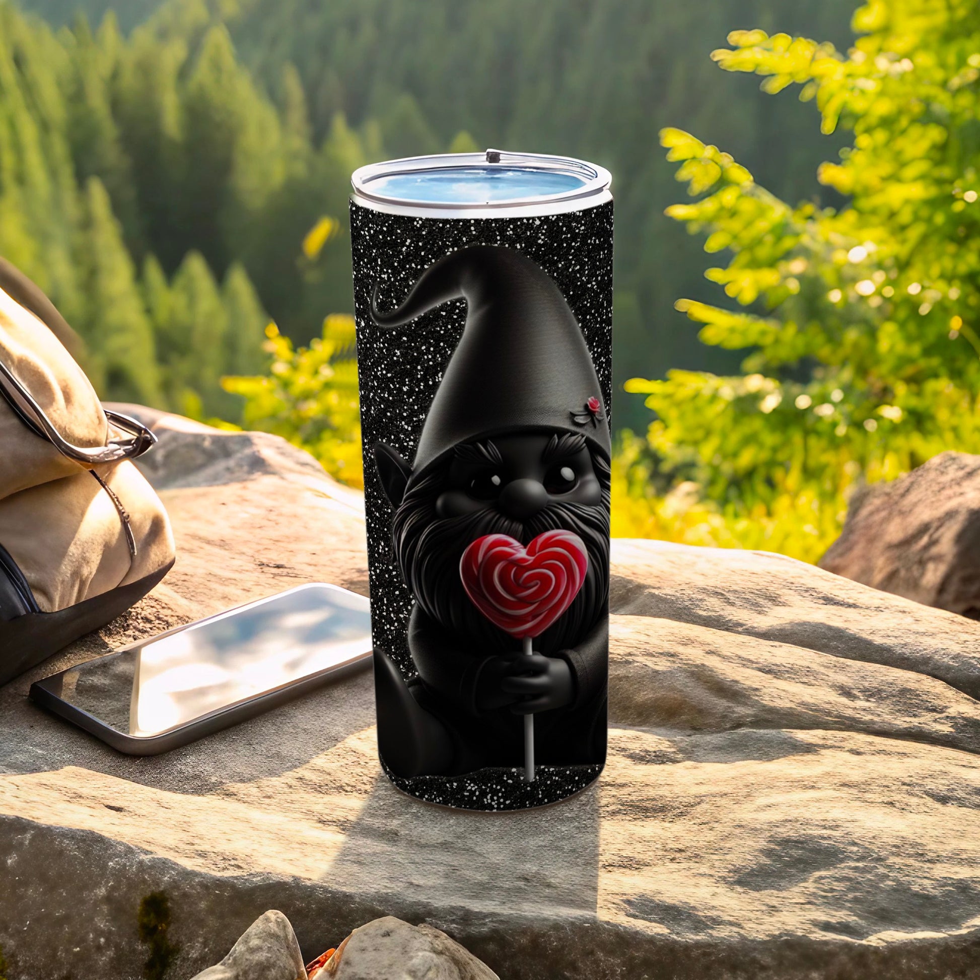 Black Gnome with Red Heart Lollipop Tumbler Cup
