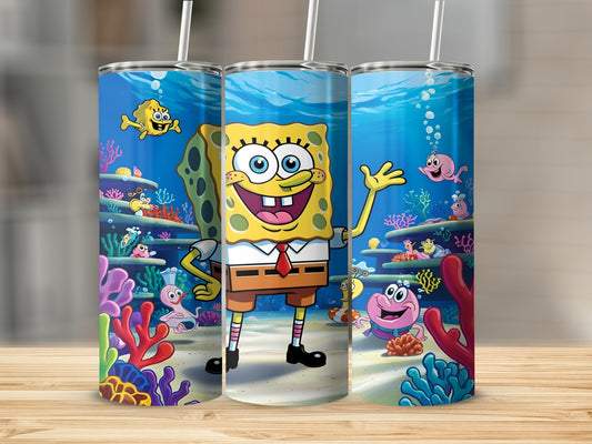 SpongeBob SquarePants cartoon character underwater with coral and sea creatures.