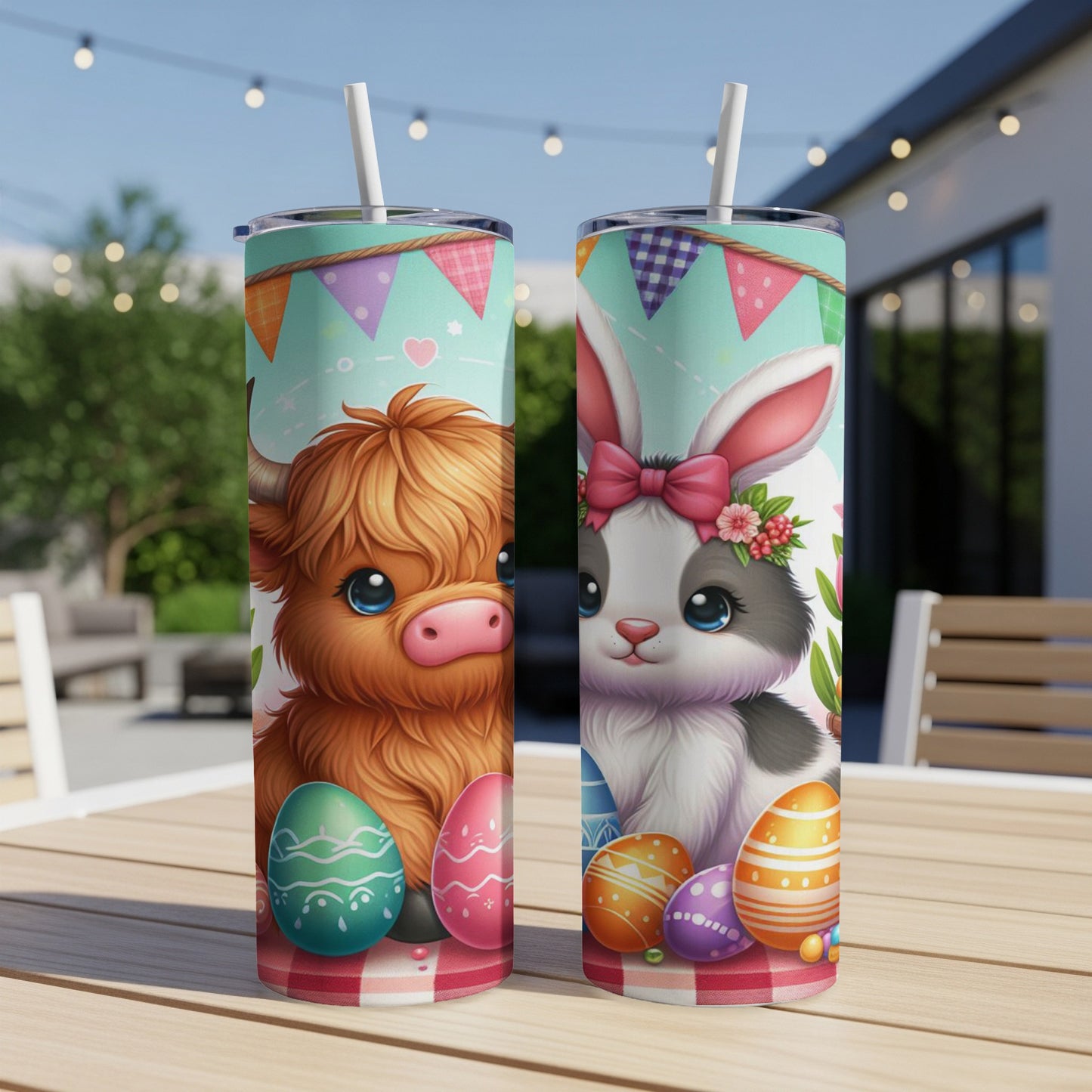 Two tumblers, one with a Highland calf, one with a bunny, both with Easter eggs.