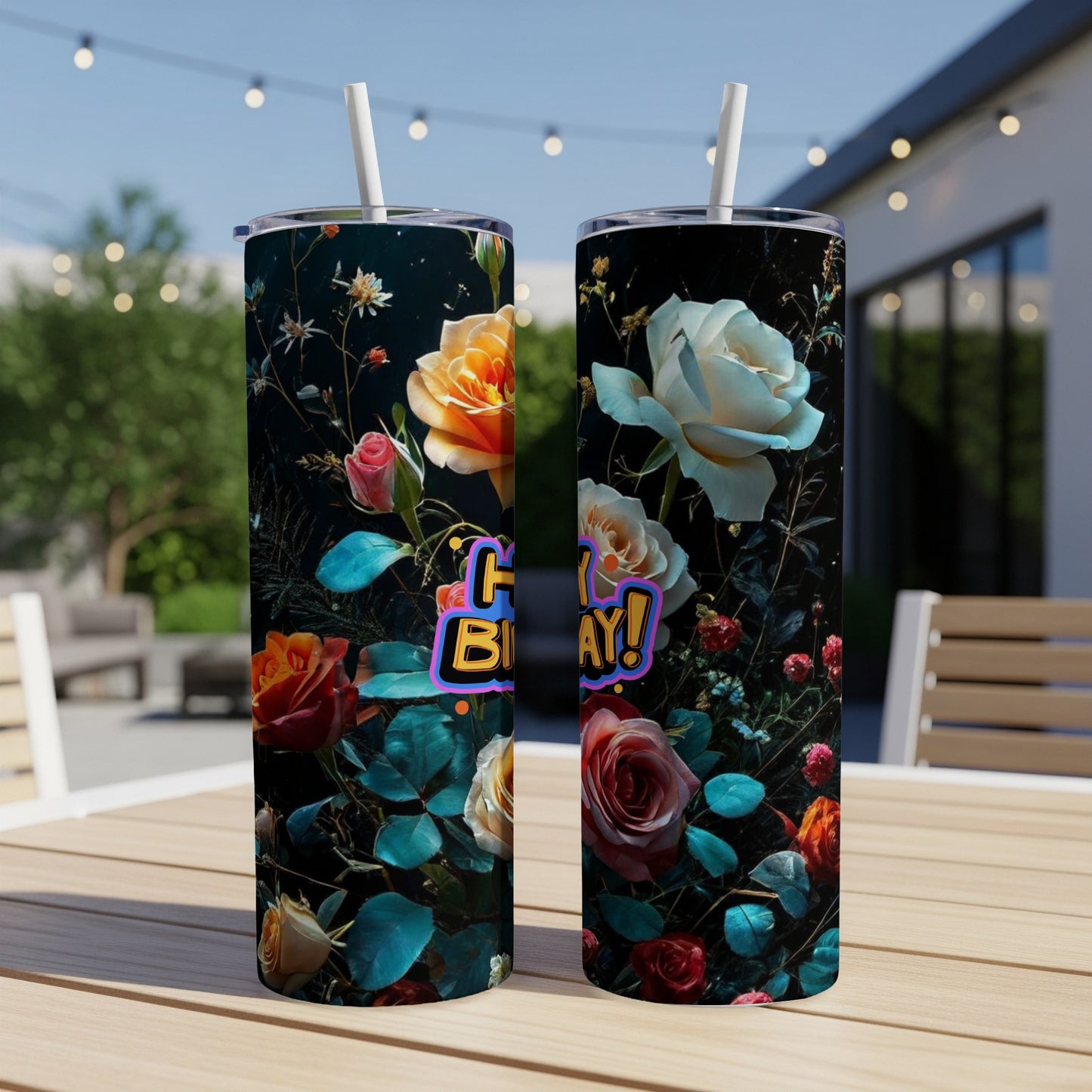 Two tumblers with a floral design and "Happy Birthday!" text.