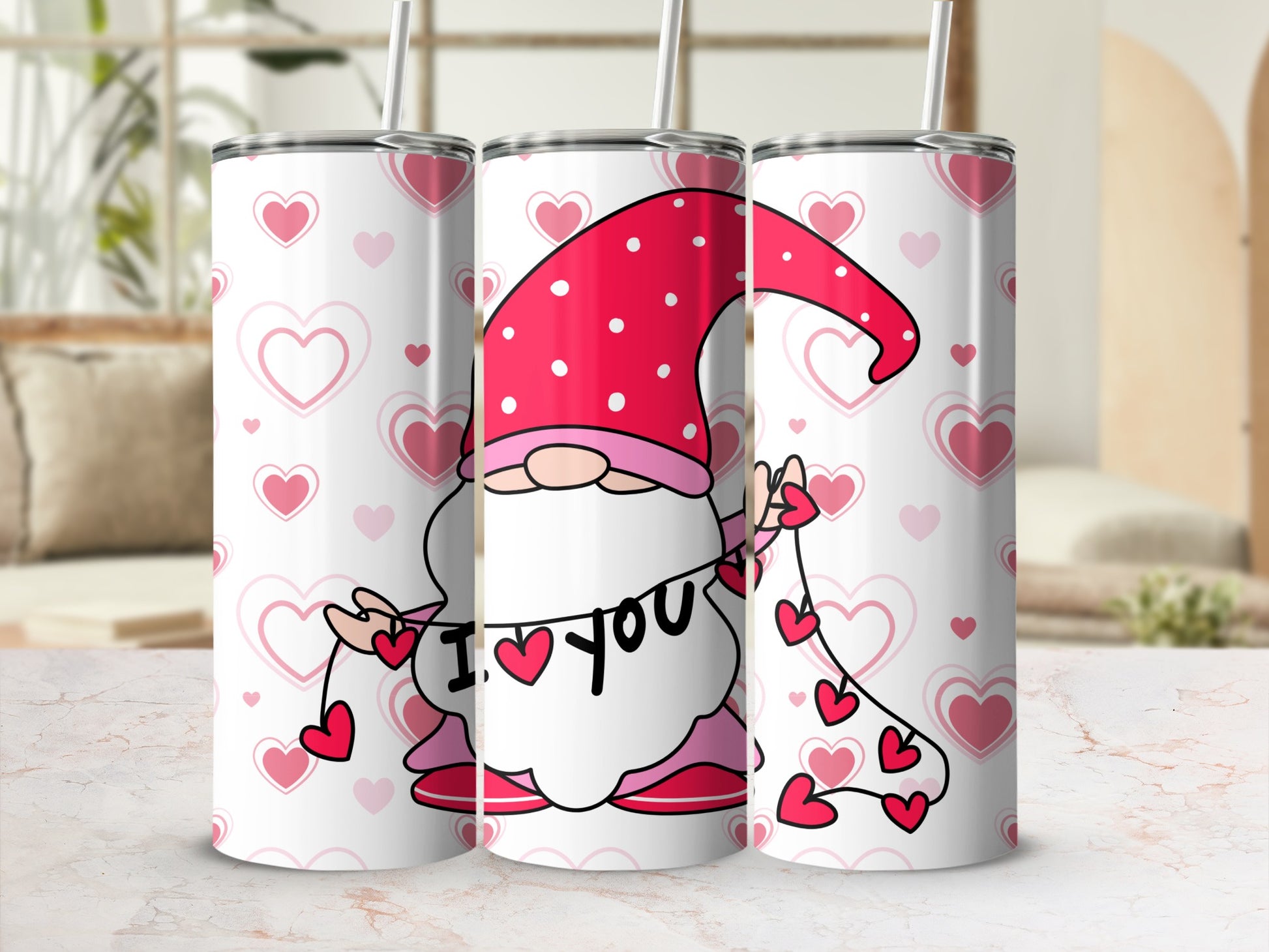Valentine's Day Gnome Heart Pattern Tumbler