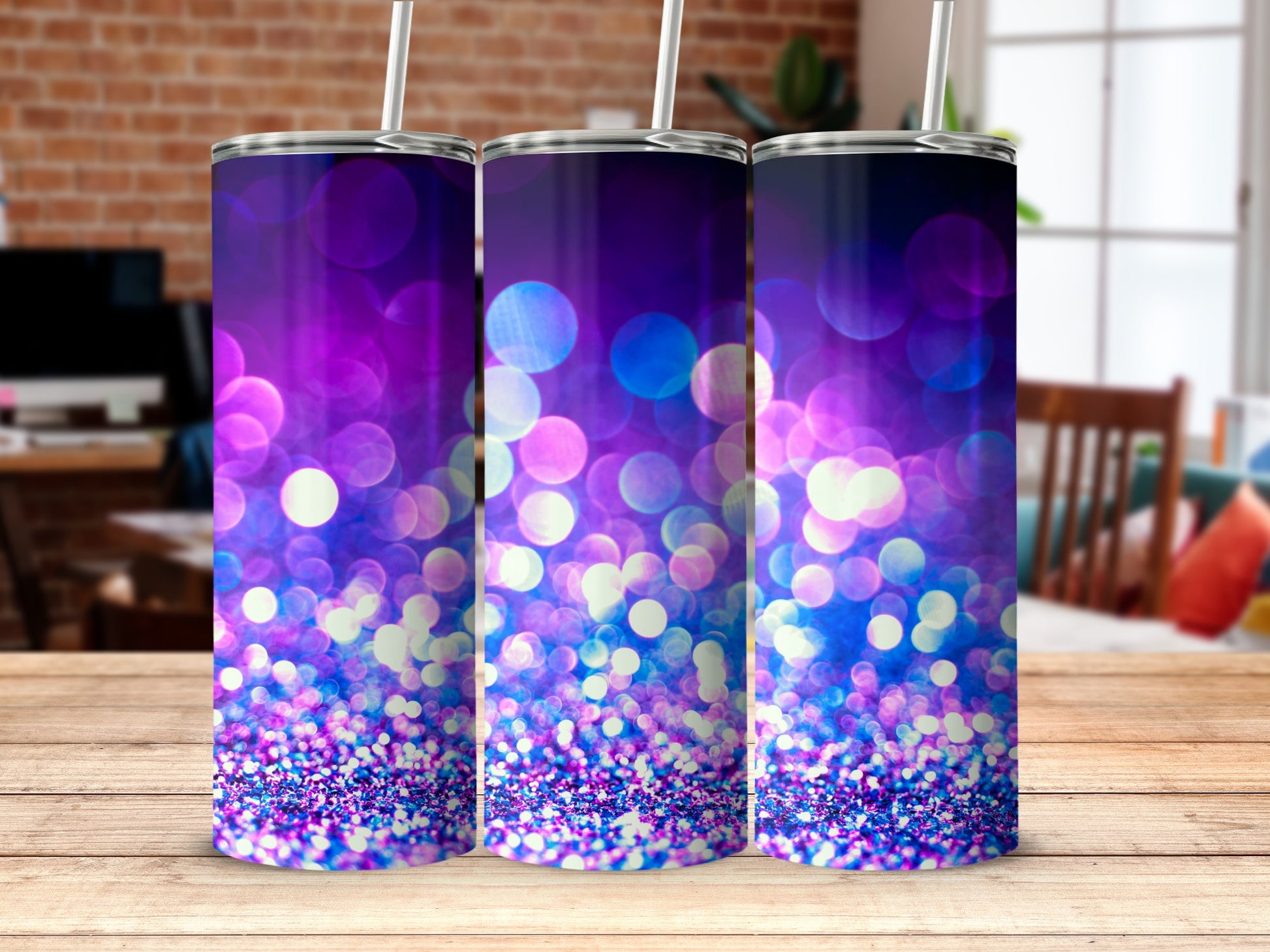 Vibrant Bokeh Effect Purple and Blue Glitter Tumbler