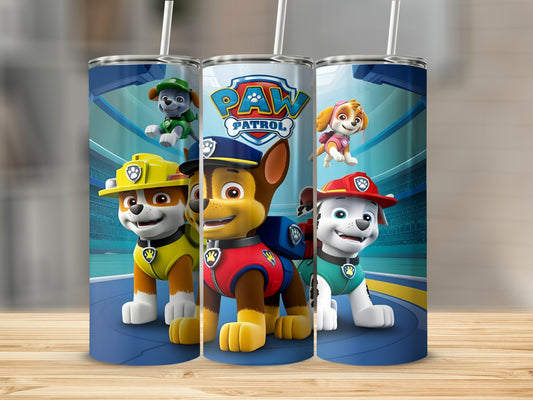 Paw Patrol characters Chase, Marshall, and Skye on a blue tumbler.